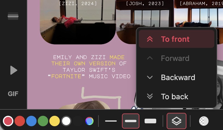 The new layer ordering popout with To front, Forward, Backward, and To back options